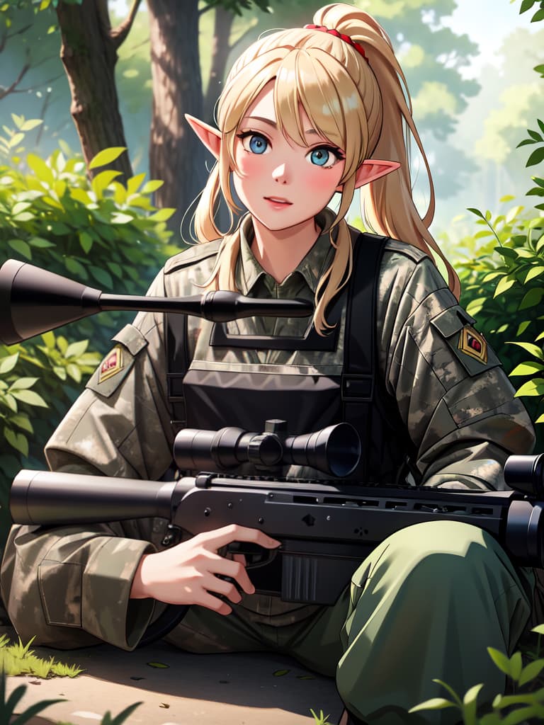  ((accurate & ultra detailed sniper rifle modeling:1.3))、(aiming at viewer with sniper rifle:1.3、blonde ponytail elf)、(tilt one's head、military uniform with camouflage pattern:1.2)、in dark bush、sunlight through the trees、best quality:1.4、masterpiece:1.4、ultra detailed texture、raw photorealistic、absurd resolution、8k illustration、💩、💩、💩、💩、💩、