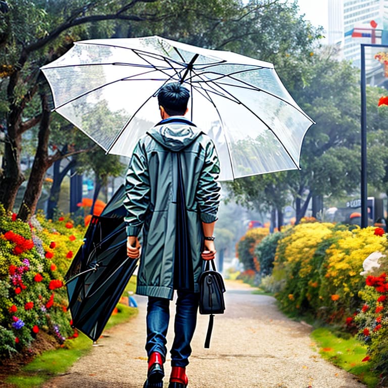  sunshine handsome boy walks under an umbrella, only able to see his back hyperrealistic, full body, detailed clothing, highly detailed, cinematic lighting, stunningly beautiful, intricate, sharp focus, f/1. 8, 85mm, (centered image composition), (professionally color graded), ((bright soft diffused light)), volumetric fog, trending on instagram, trending on tumblr, HDR 4K, 8K