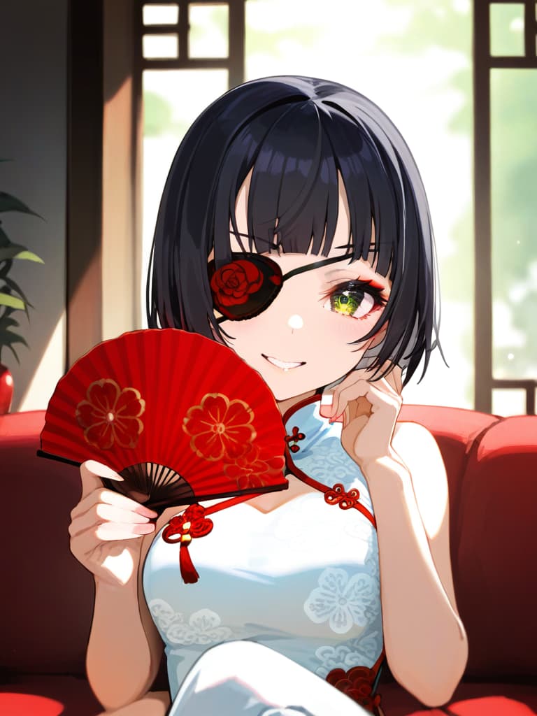  ultra detailed:1.2,masterpiece:1.2,best quality,masterpiece,bestquality,hdr:1.1,8k:1.1,very cute girl:1.3,(black hair,bob cut,long hair,blunt bangs:1.4),((white china dress,japonica pattern:1.5)),(chinaese makeup:1.6),((redrose object eyepatch:1.6))(seductive smile,grin:1.1),(sitting couch:1.3)((cross legs:1.3)),(head rest:1.3),(holding open handfan:1.7)(upper body,face focus:1.4)