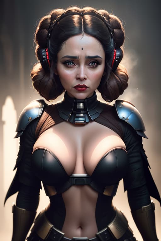  ((best quality)), ((masterpiece)), (detailed), beautiful face, princess Leia, (defiance512:1.2), big eyes, carmin red lips, teeth, heavy black iron armor, detailed helmet, intense gaze, battle ready, contrasting soft skin, (lighting:1.2), close up portrait, playing with camera hyperrealistic, full body, detailed clothing, highly detailed, cinematic lighting, stunningly beautiful, intricate, sharp focus, f/1. 8, 85mm, (centered image composition), (professionally color graded), ((bright soft diffused light)), volumetric fog, trending on instagram, trending on tumblr, HDR 4K, 8K