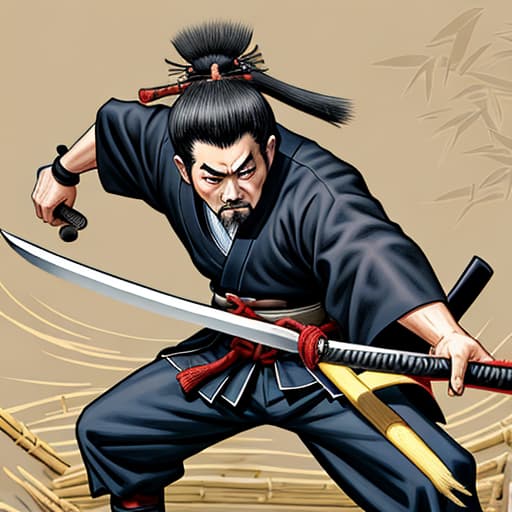  cartoonish samurai cutting bamboo ，