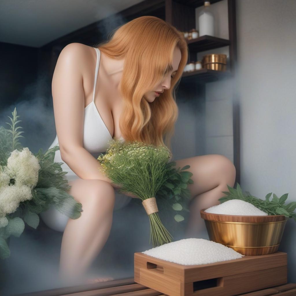  Russian sauna A fat woman stands with a bouquet of herbs She has golden hair There is a tub of water on the shelf hyperrealistic, full body, detailed clothing, highly detailed, cinematic lighting, stunningly beautiful, intricate, sharp focus, f/1. 8, 85mm, (centered image composition), (professionally color graded), ((bright soft diffused light)), volumetric fog, trending on instagram, trending on tumblr, HDR 4K, 8K