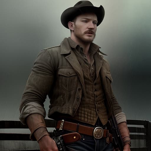  cowboy, tom hardy, full height, gloomy, with a gun