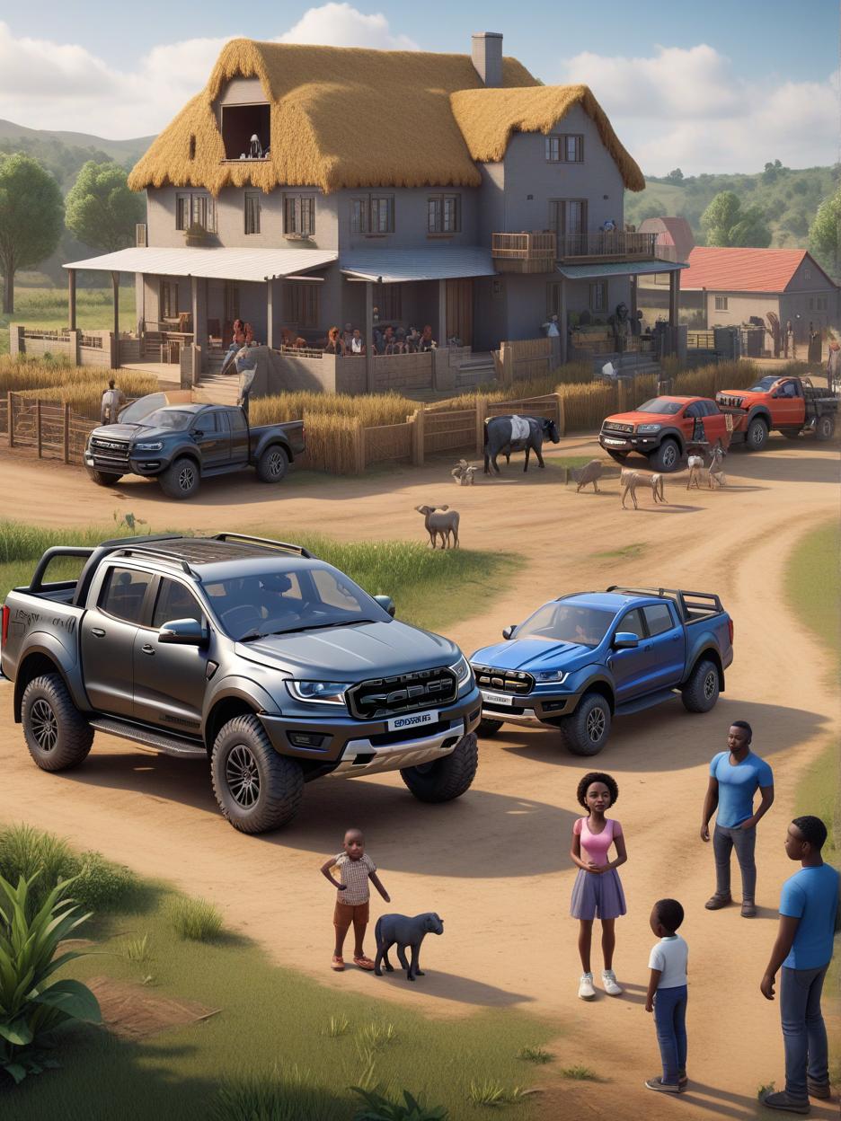  create a scene featuring a black entrepreneur standing confidently with their wife and 3 kids, the oldest is a daugher. in the background, show a modern 4 bedroom flat house and a 5 storey apartment under construction. nearby, depict a large scale farm with crops and animals. parked in front is a double cabin ford ranger raptor. the family is happy and relaxed, enjoying the peaceful surroundings of the home and farm. the main object to include is: 1. a double cabin ford ranger raptor 2. 4 bedroom flat house 3. 5 storey apartment 4. a large scale farm 5. the black entrepreneur with family, high quality, high details, hd, perfect composition, 4k epic detailed, highly detailed, sharp focus, high resolution