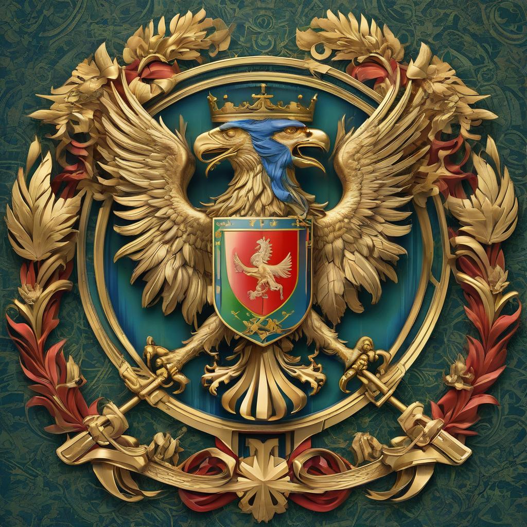  futurism. coat of arms with a double headed eagle. four colors: gold, green, blue, red.