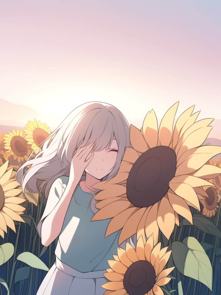  "create an illustration of a girl holding a sunflower while covering one of her eyes with the sunflower. the setting should be during sunset,with warm,golden hues in the background. the girl should have a gentle,serene expression,and her outfit can be casual and light to match the relaxed atmosphere of the evening."