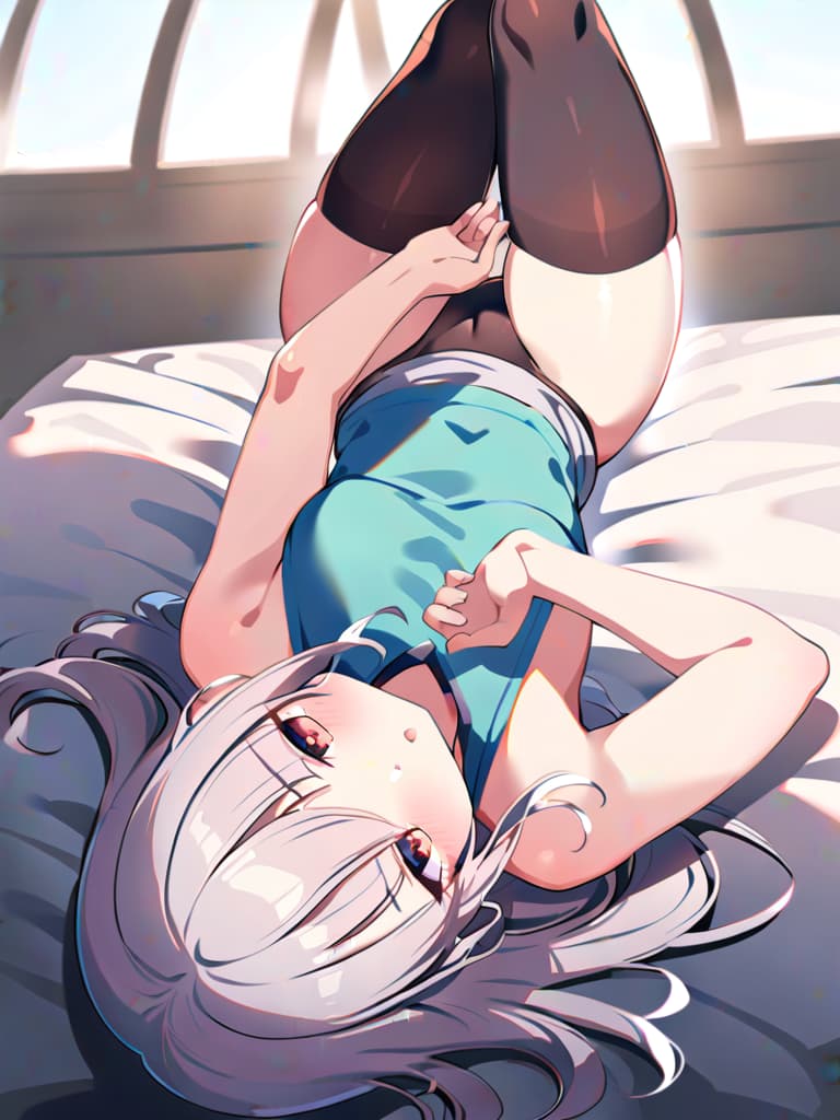  [sun light,sun flare,flare ghost,light particle],wind,plant,window,open window,upside down,on back,on bed,solo,,kawaii,light gray hair,long hair,straight hair,hair down,forehead,arms up,carry me,outstretched hands,reaching towards viewer,s,looking at viewer,open mouth,aqua sundress,down ,tights,black tights,,black ,, up,large ,s apart,age,happy atmosphere,