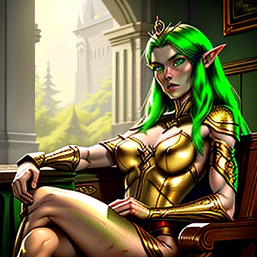  a elf woman wearing a gold tiara with a green eyes, red hear. sitting cross legged, with his hands folded in his lap, realistic, detailed, textured, skin, hair, eyes, by alex huguet, mike hill, ian spriggs, jaecheol park, marek denko