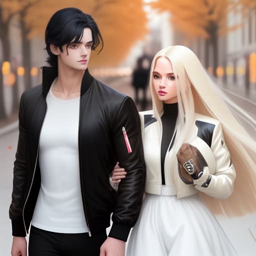  beautiful modern couple, guy (black hair) short cropped, muscular, in a fashionable bomber jacket , holding a blonde with long straight hair, in a white dress, love, background black , 20 year, , background autumn, glow