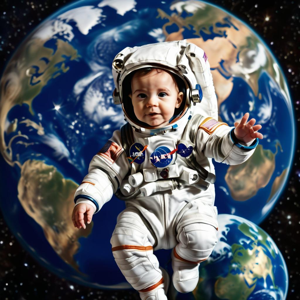  astronaut baby stands opposite planet earth