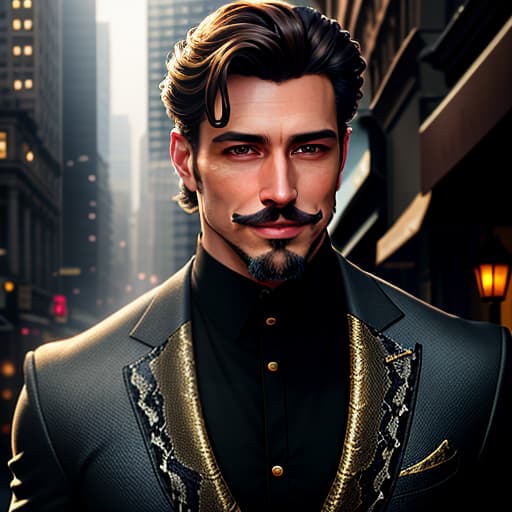  An impressive man, brunette, mustache, hazel eyes, goatee, smile, unbuttoned jacket, unbuttoned man, snake, city, mystery, horror, Photorealistic, Hyperrealistic, Hyperdetailed, analog style, demure, detailed skin, pores, smirk, smiling eyes, matte skin, soft lighting, subsurface scattering, realistic, heavy shadow, masterpiece, best quality, ultra realistic, 8k, golden ratio, Intricate, High Detail, film photography, soft focus hyperrealistic, full body, detailed clothing, highly detailed, cinematic lighting, stunningly beautiful, intricate, sharp focus, f/1. 8, 85mm, (centered image composition), (professionally color graded), ((bright soft diffused light)), volumetric fog, trending on instagram, trending on tumblr, HDR 4K, 8K