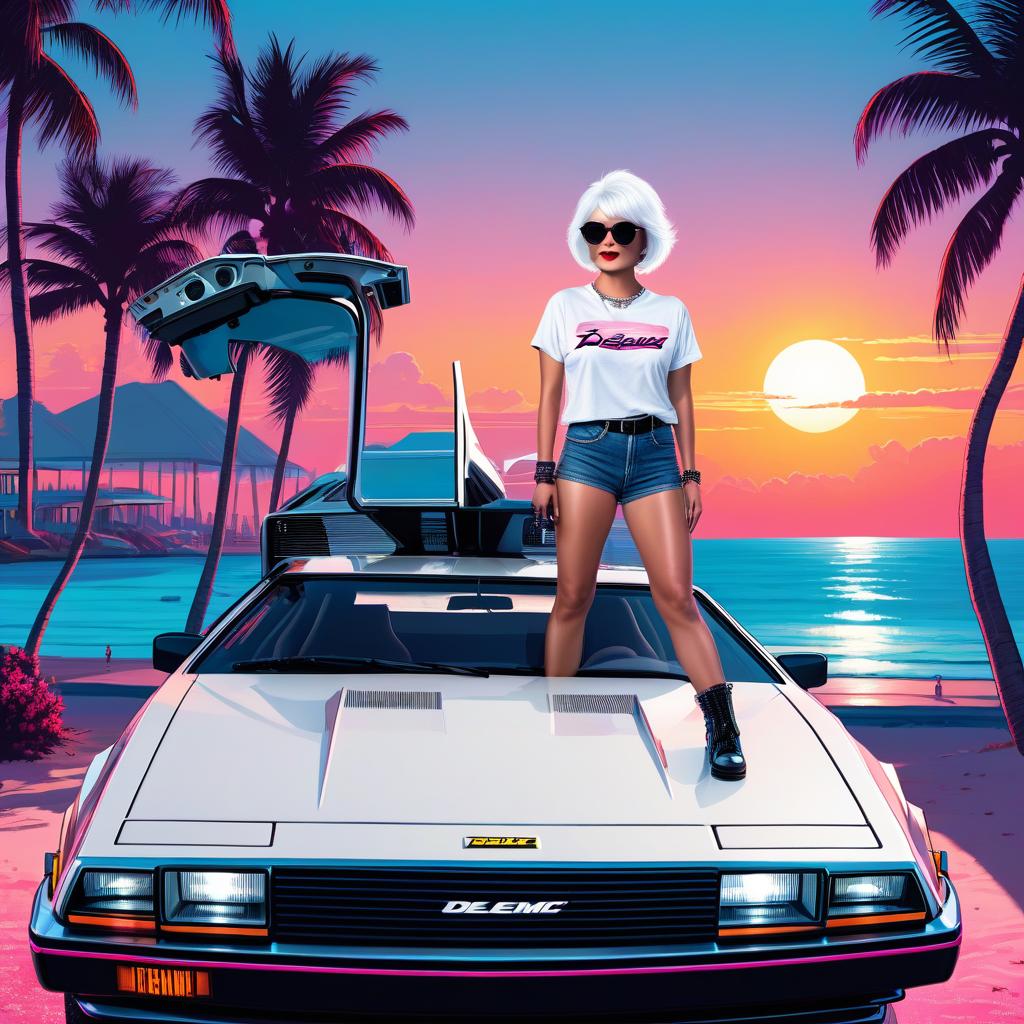  a woman with short white hair, a pixie haircut in sunglasses, a top t shirt, with a choker around her neck, stands in full height next to a delorean dmc 12 car. seaside, palm shade. neon sunset, neon inscription "neon cherry", digital photo, high detail, high realism.