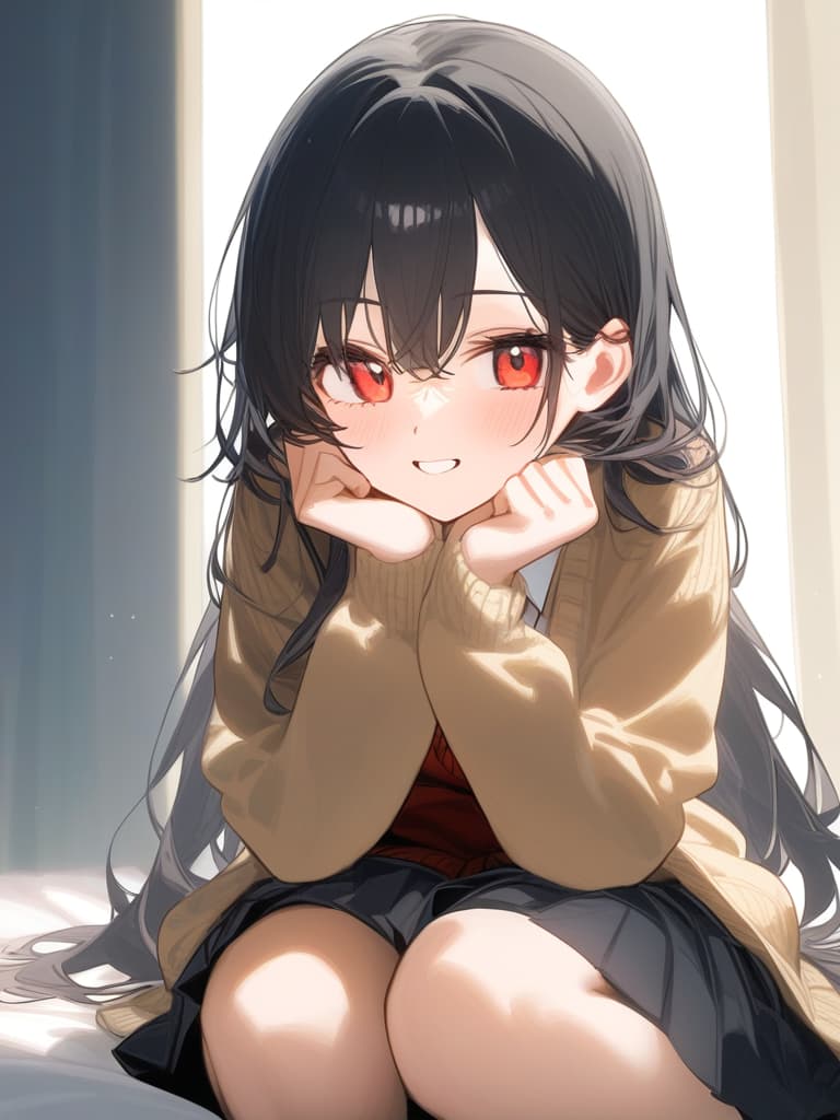  cute face focus,cute,black hair,red eyes,cute posing,cardigan,pleats skirt ,long hair