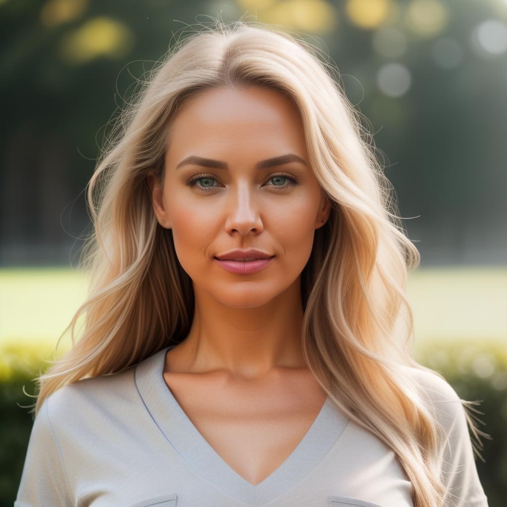  (((realistic full torso frontal head shot of a light beige to medium tan skin tone woman))), sigrid lisa herrmann, ((caucasian heritage)), immature face, grey eye color, ((long hair style)), ((blonde hair color)), ((athletic body type)), xxl size, size, (immature small straight nose), (immature defined cheekbones), (immature soft jawline), (immature medium lips), (immature high forehead), (immature perfect symmetry), (immature dimpled chin), standing straight looking directly into the camera,((wearing fitted polo shirt with deep v neck and monogrammed pocket)), backyard in background, 1girl, best quality, highest quality, award winning photo, masterpiece, raw, professional photography, photorealism, sharp focus, cinem hyperrealistic, full body, detailed clothing, highly detailed, cinematic lighting, stunningly beautiful, intricate, sharp focus, f/1. 8, 85mm, (centered image composition), (professionally color graded), ((bright soft diffused light)), volumetric fog, trending on instagram, trending on tumblr, HDR 4K, 8K