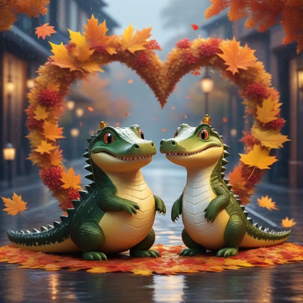  A cute cartoon pair of crocodiles in a wedding outfit are standing inside a big heart against the background of a dark autumn street in the rain, a bright dynamic picture in the style of a kortoon, fantasy, digital animation, realistic, drawing details