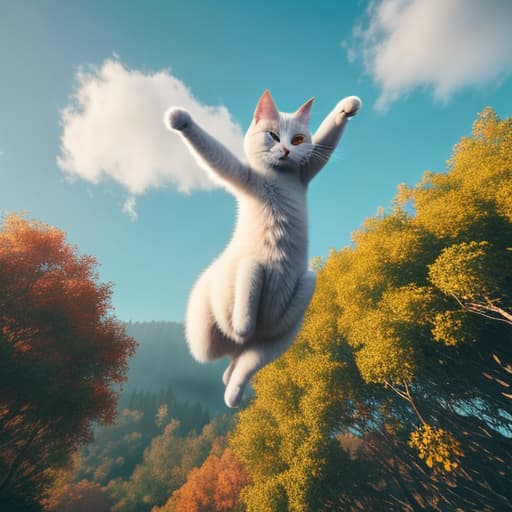  Happy cat flying in the sky hyperrealistic, full body, detailed clothing, highly detailed, cinematic lighting, stunningly beautiful, intricate, sharp focus, f/1. 8, 85mm, (centered image composition), (professionally color graded), ((bright soft diffused light)), volumetric fog, trending on instagram, trending on tumblr, HDR 4K, 8K