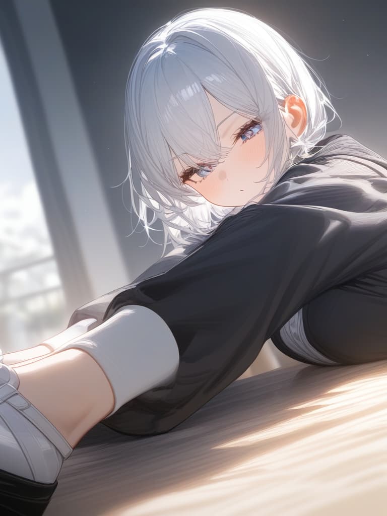  boy, white ballet flat, large room, black half compression, short hair, white hair, boy, masterpiece, best quality,8k,ultra detailed,high resolution,an extremely delicate and beautiful,hyper detail