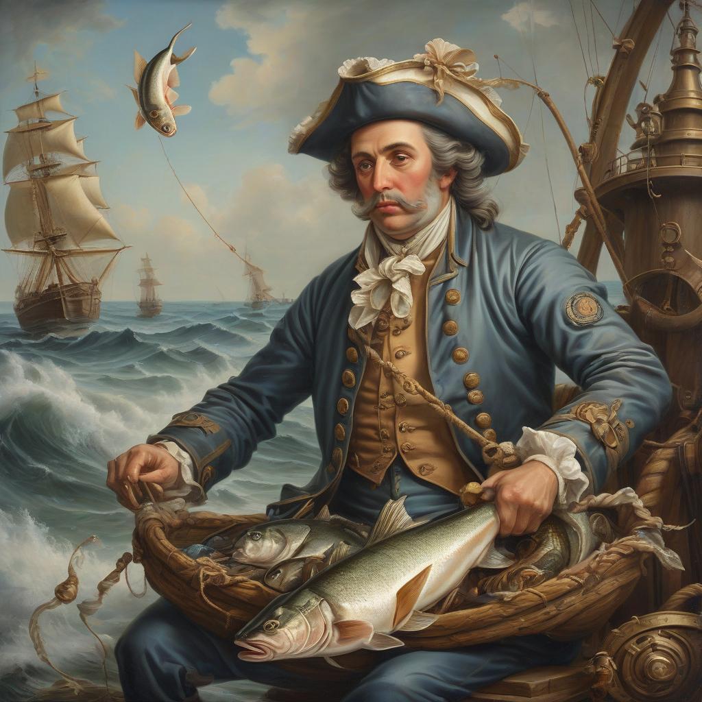  nautical themed rococo, oil, canvas, high quality image, fisherman catching fish . sea, ocean, ships, maritime, beach, marine life, highly detailed