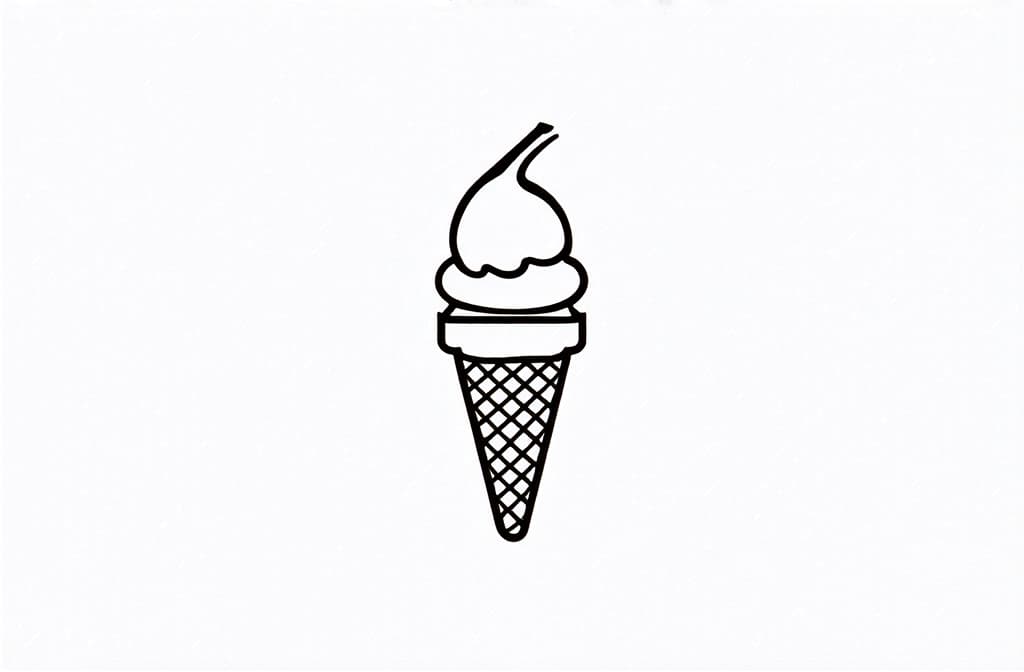  contour, very simple image in one unbroken black ink line, single line of ice cream, engraving illustration, icon isolated on white background ar 3:2 using a single continuous black line ink brushon white background, drawing should be created without lifting the pen, recognizable features of ice cream, engraving illustration, icon isolated on white background ar 3:2 in one unbroken line