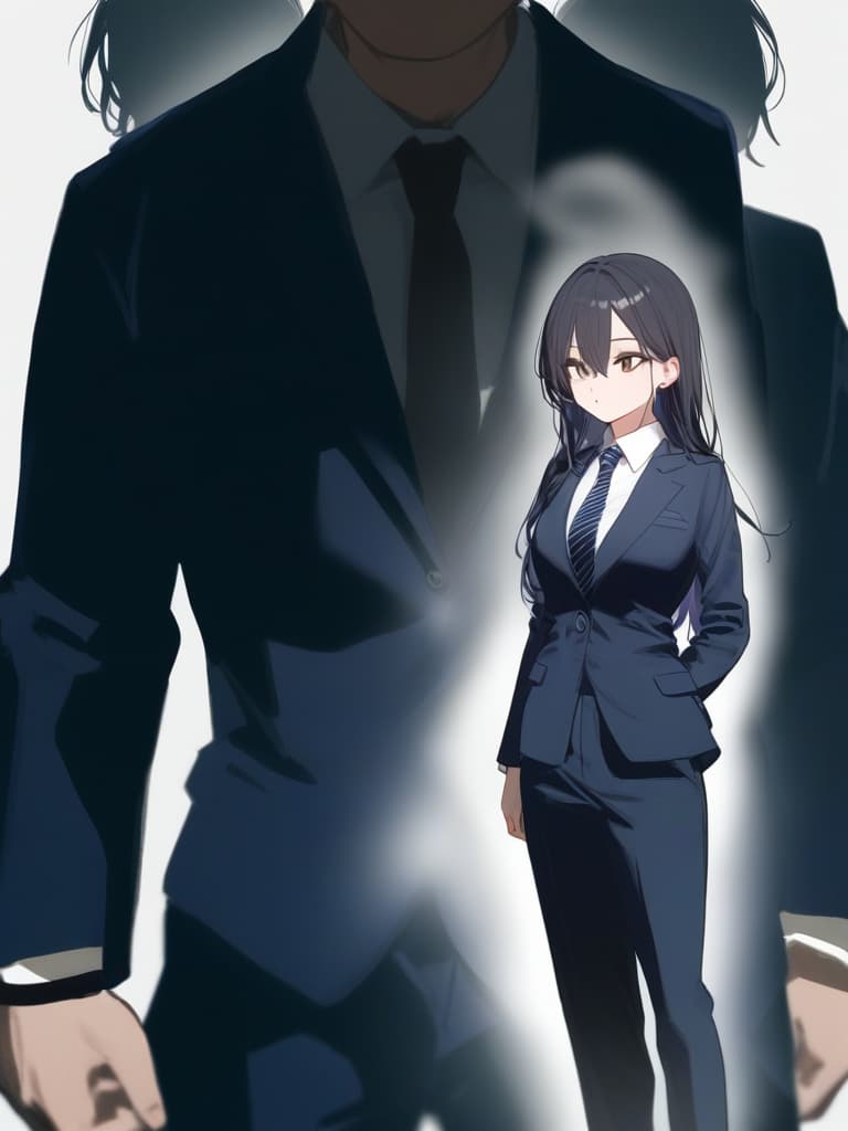  1, 1 girl, black hair black eye, long hair, true face, suit, (whole body picture), pants