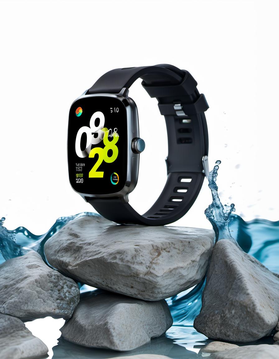  smart watch on stone, around water splash, light background, film photography style