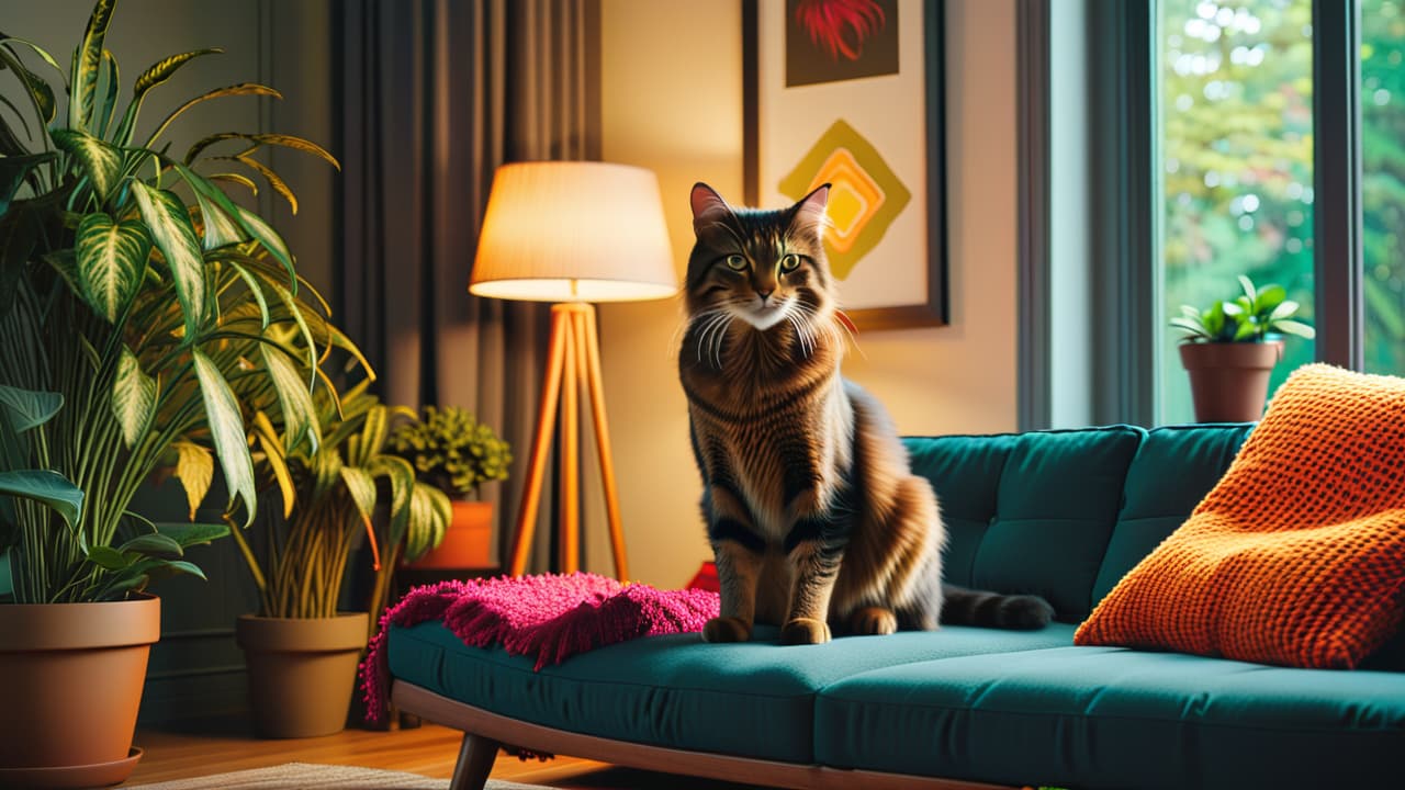  a cozy living room scene featuring a stylish scratching post, a playful cat climbing on it, and a well protected couch with colorful throws, surrounded by potted plants and soft, warm lighting. hyperrealistic, full body, detailed clothing, highly detailed, cinematic lighting, stunningly beautiful, intricate, sharp focus, f/1. 8, 85mm, (centered image composition), (professionally color graded), ((bright soft diffused light)), volumetric fog, trending on instagram, trending on tumblr, HDR 4K, 8K