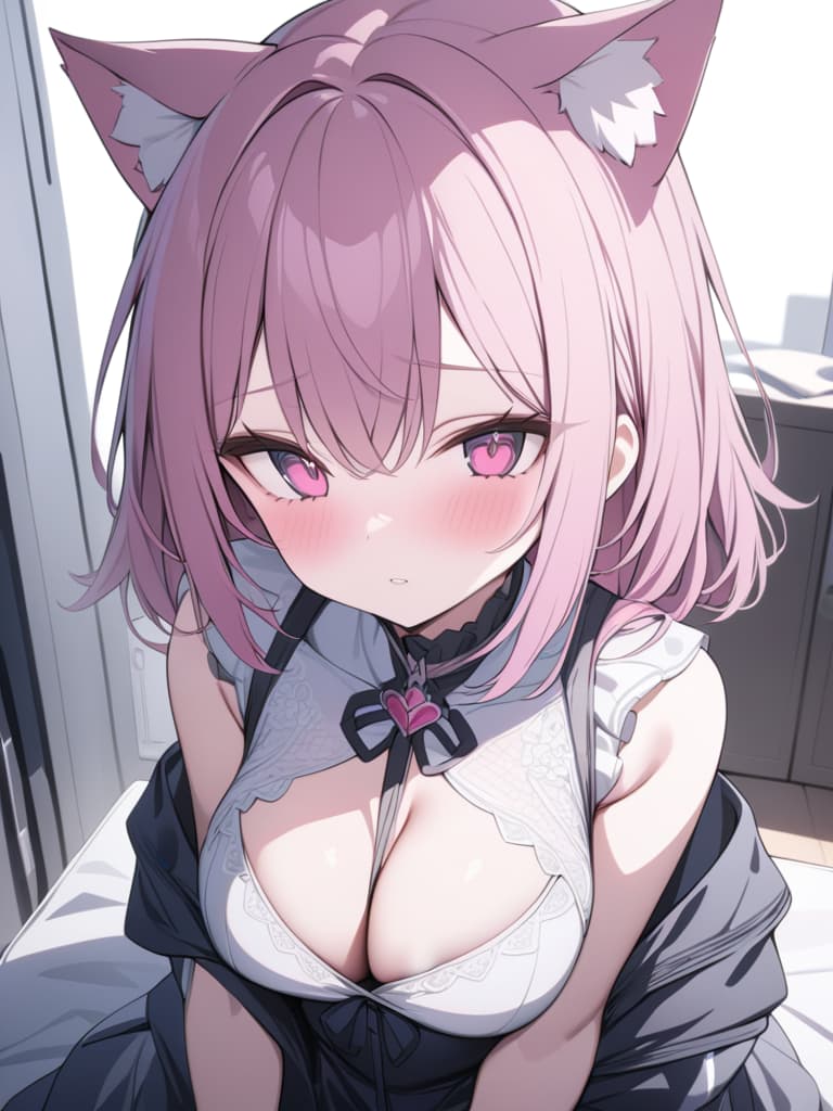  cat ears, cute, pink hair, pink eyes, heart and ribbon in the eyes, masterpiece, best quality,8k,ultra detailed,high resolution,an extremely delicate and beautiful,hyper detail