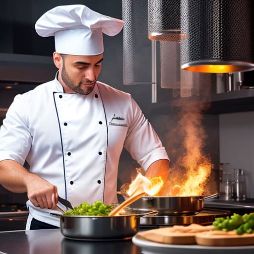  (chef cooking ), photorealistic, highly detailed, 4k, high quality hyperrealistic, full body, detailed clothing, highly detailed, cinematic lighting, stunningly beautiful, intricate, sharp focus, f/1. 8, 85mm, (centered image composition), (professionally color graded), ((bright soft diffused light)), volumetric fog, trending on instagram, trending on tumblr, HDR 4K, 8K