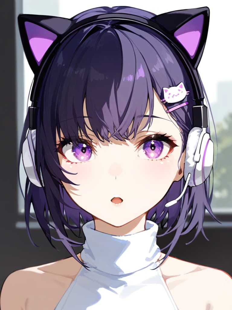  (black cat ear headphones: 1.2), masterpiece, open mouth, best quality, close up, from front, medium hair, purple eyes, erling. e oversized jacket, (shoulder gap: 1.2) , (white turtleneck: 1.1), (hair pin: 1.3)