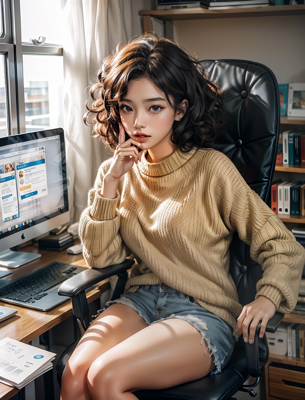  black girl with curly hair, open sweater, shorts, sitting in office chair with computer