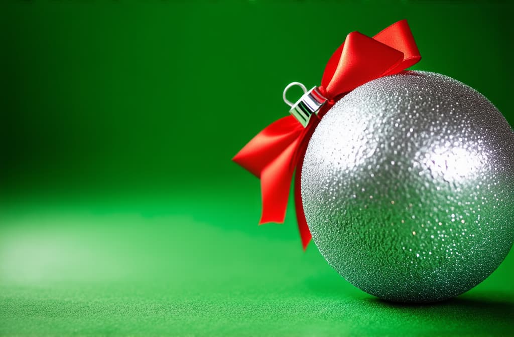  professional detailed photography, on a green background with bokeh on the side there is a silver christmas ball with a red bow ar 3:2, (muted colors, dim colors, soothing tones), (vsco:0.3)