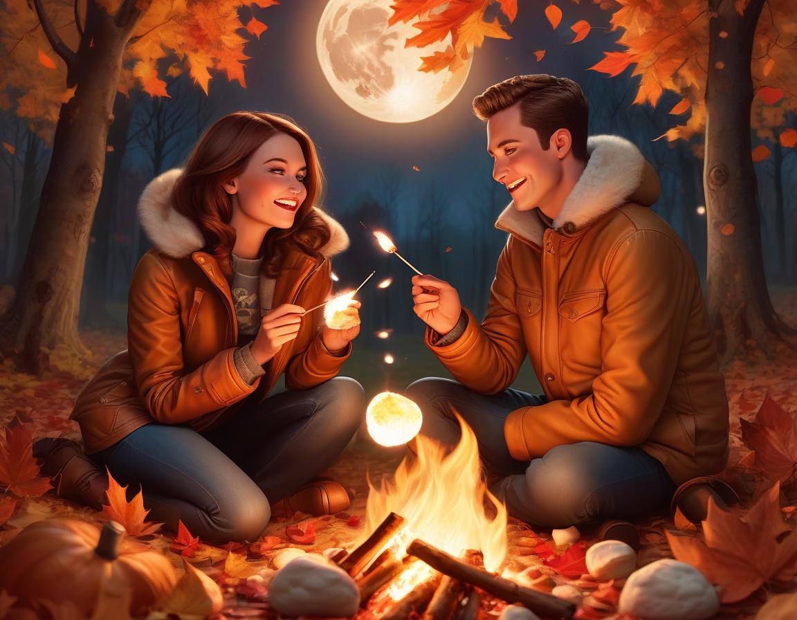  a couple in love in an autumn forest by a fire roasting marshmallows on sticks, a date with benefits, close up shot, a humorous cheerful look, loving eyes and hearts, autumn leaves caught by the wind swirl near them, a romantic large moon in the sky, comicbook, comicbook style