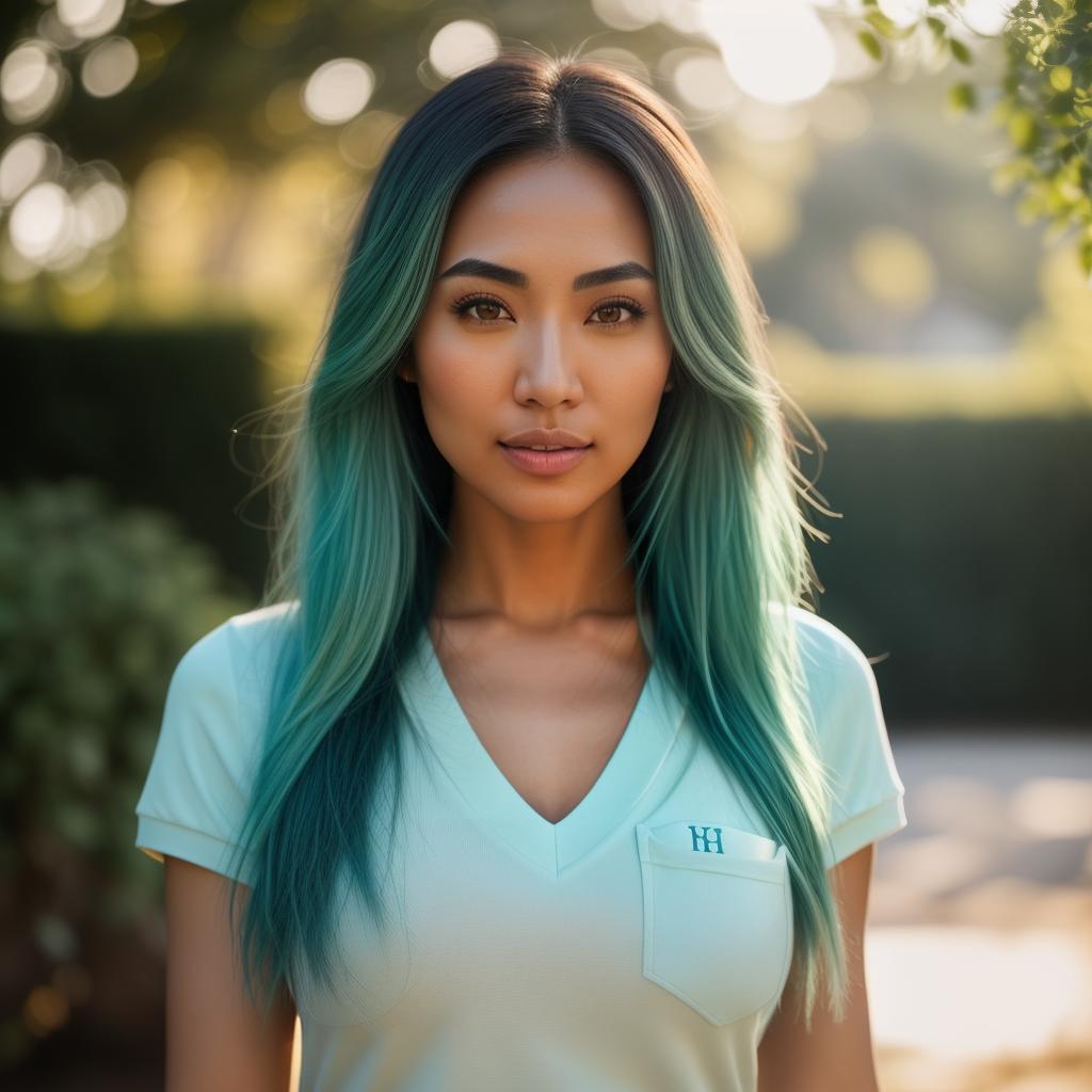  (((realistic full torso frontal head shot of a light tan skin tone woman))), aya sakura miyazaki, ((japanese heritage)), immature face, green eye color, ((long hair style)), ((blue hair color)), ((skinny body type)), small size, small size, (immature small straight nose), (immature high cheekbones), (immature soft jawline), (immature medium lips), (immature smooth forehead), (immature slight asymmetry), (immature arched eyebrows), standing straight looking directly into the camera,((wearing fitted polo shirt with deep v neck and monogrammed pocket)), backyard in background, 1girl, best quality, highest quality, award winning photo, masterpiece, raw, professional photography, photorealism, sharp focus, cinematic, high resolu hyperrealistic, full body, detailed clothing, highly detailed, cinematic lighting, stunningly beautiful, intricate, sharp focus, f/1. 8, 85mm, (centered image composition), (professionally color graded), ((bright soft diffused light)), volumetric fog, trending on instagram, trending on tumblr, HDR 4K, 8K