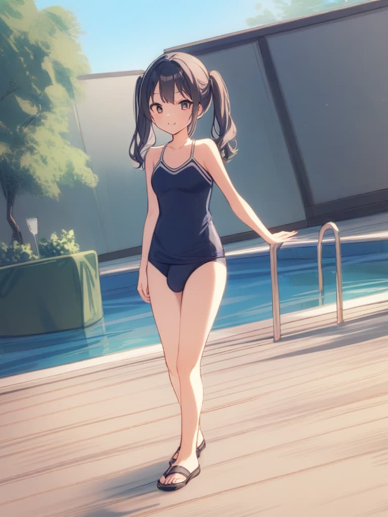  women's elementary students (male), twin tails, cute smiles, (rich s), low stature, dark blue swimwear, old swimwear, , simple, (upward), , (bulge), front, whole body, pool side. ,,,