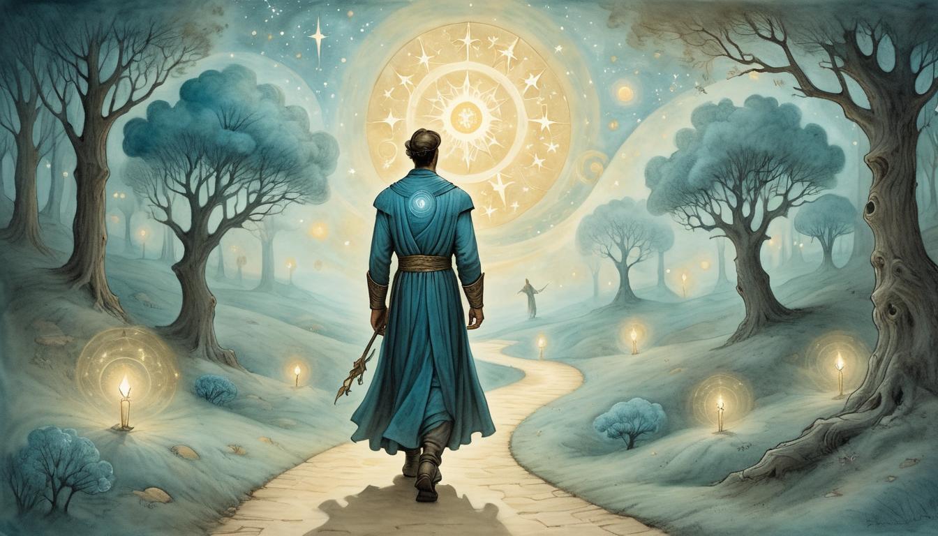  on parchment, surrealism+++, figure walking along a glowing path, ethereal light, guiding stars, divine alignment, serene, transcendent(mysterious, provocative, symbolic,muted color)+++