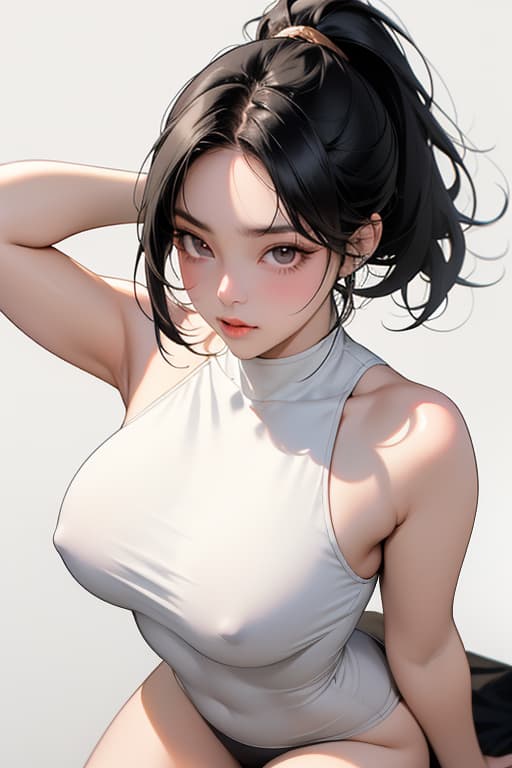  a close up of a woman in a cloth and short , long black hair ponytail hairstyles with strength bang and long side bangs, wearing golden round eyegles,, oppai proportions, large , build, anime ,, realistic shaded perfect body, small curvy , body, ing her legs. on white background , advertising photo,high quality, good proportion, masterpiece , the image is captured with an 8k camera