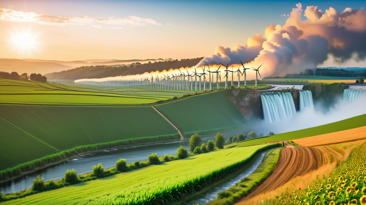  a vibrant landscape showcasing solar panels glinting under the sun, wind turbines on rolling hills, a flowing river with a hydroelectric dam, geothermal steam rising from the ground, and lush fields of bioenergy crops. hyperrealistic, full body, detailed clothing, highly detailed, cinematic lighting, stunningly beautiful, intricate, sharp focus, f/1. 8, 85mm, (centered image composition), (professionally color graded), ((bright soft diffused light)), volumetric fog, trending on instagram, trending on tumblr, HDR 4K, 8K