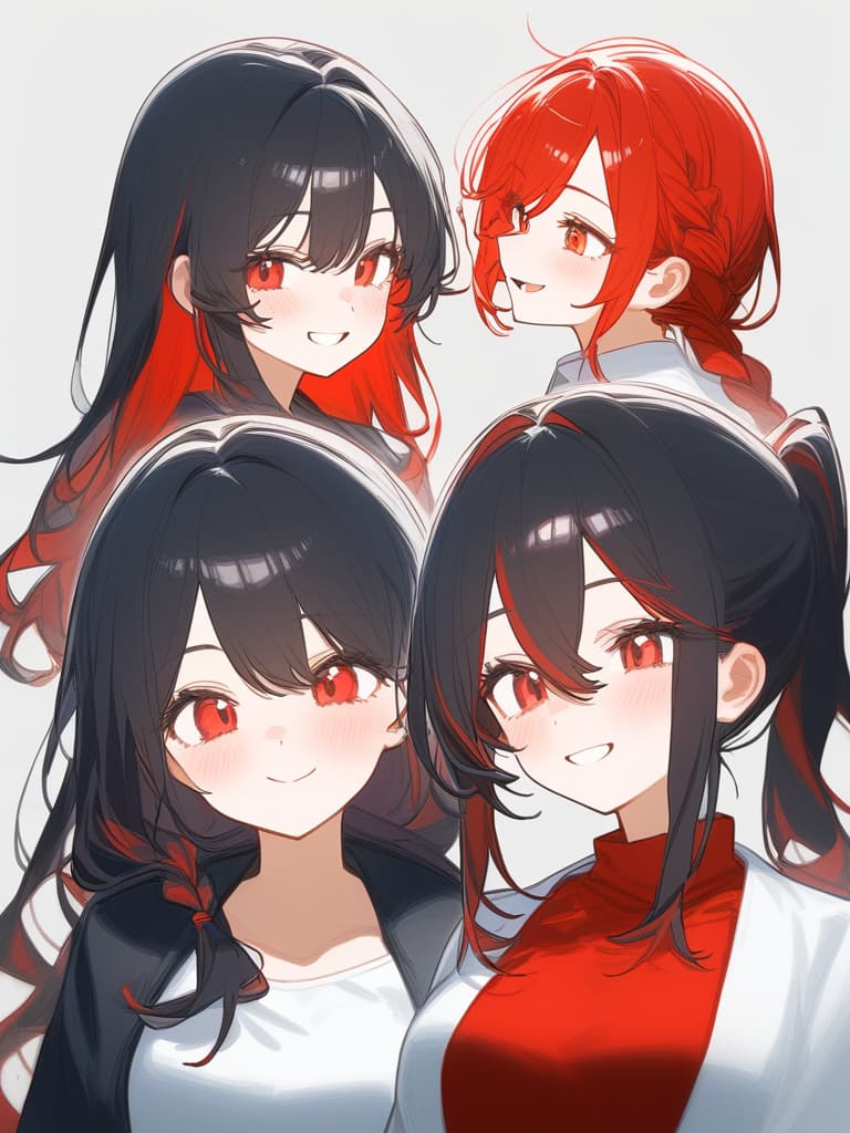  one girl, (black hair), red eyes, red black hair, red hair mesh, long hair, complex braid, young expression, full smile