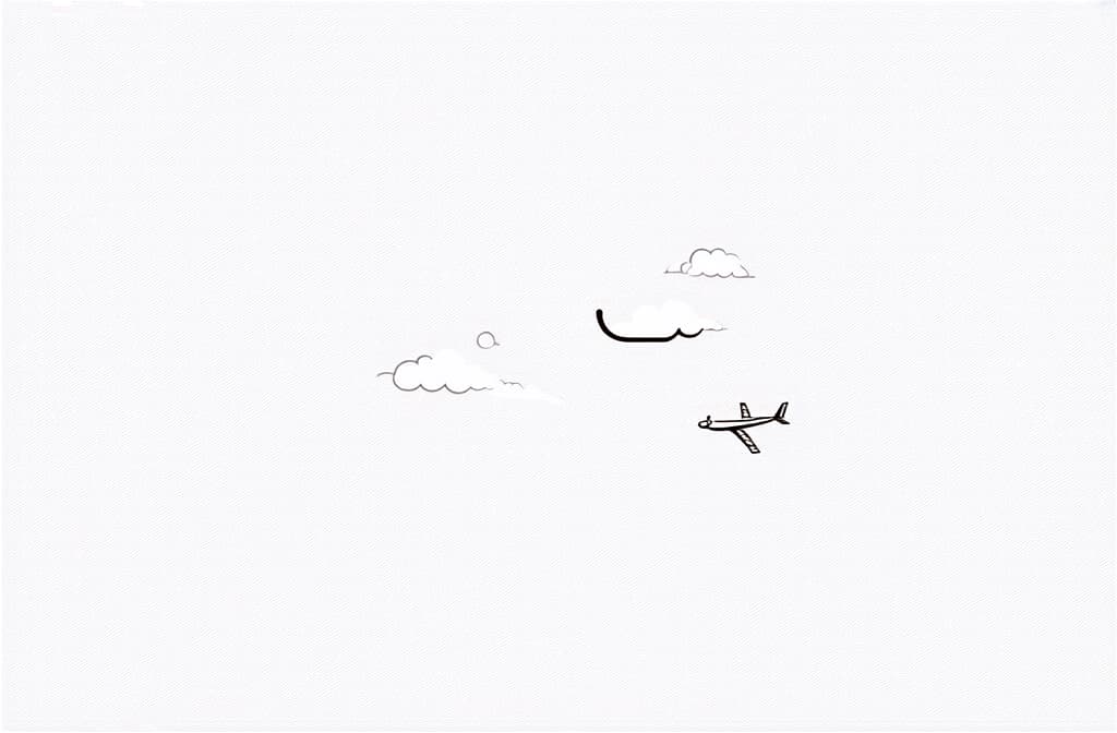  contour, very simple image in one unbroken black ink line, single line of plane among clouds in sky, icon isolated on white background ar 3:2 using a single continuous black line ink brushon white background, drawing should be created without lifting the pen, recognizable features of plane among clouds in sky, icon isolated on white background ar 3:2 in one unbroken line