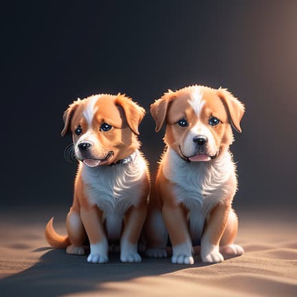  two puppies hyperrealistic, full body, detailed clothing, highly detailed, cinematic lighting, stunningly beautiful, intricate, sharp focus, f/1. 8, 85mm, (centered image composition), (professionally color graded), ((bright soft diffused light)), volumetric fog, trending on instagram, trending on tumblr, HDR 4K, 8K