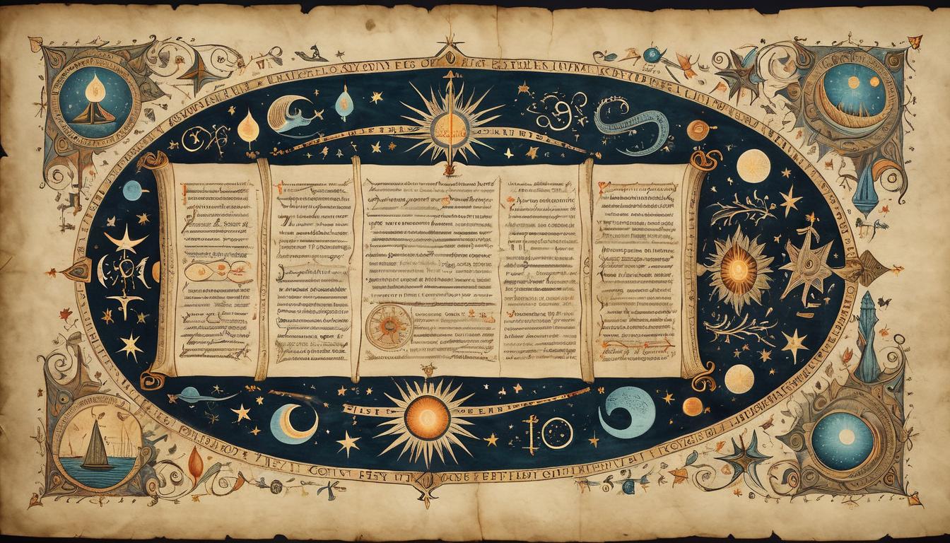  on parchment, surrealism+++, a scroll with glowing text, rolled out on a dark altar, intricate designs and celestial motifs bordering it, sense of secret knowledge and invitation(mysterious, provocative, symbolic,muted color)+++