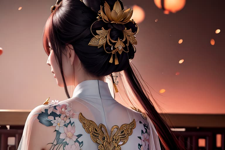  the back of an asian woman with a messy baotou, the space is a zen temple, the theme focuses on the lotus tattoo on the back of the woman&#39;s neck, the tattoo does not need to be on the back and arms hyperrealistic, full body, detailed clothing, highly detailed, cinematic lighting, stunningly beautiful, intricate, sharp focus, f/1. 8, 85mm, (centered image composition), (professionally color graded), ((bright soft diffused light)), volumetric fog, trending on instagram, trending on tumblr, HDR 4K, 8K