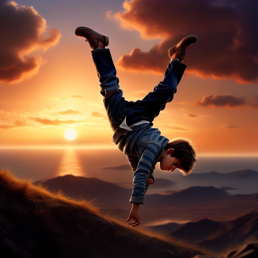  hyperrealistic art boy makes a tumble in the air amid sunset . extremely high resolution details, photographic, realism pushed to extreme, fine texture, incredibly lifelike, sticker