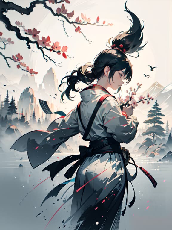  master piece, best quality, ultra detailed, highres, 4k.8k, samurai woman, engaging in iaido, showcasing her skill and precision, focused and determined, break a samurai woman demonstrating her impressive swordsmanship., traditional japanese garden, katana, cherry blossoms, lanterns, stone pathway, break serene yet intense, monochrome with emphasis on dynamic motion, white background, scenery, ink, mountains, water, trees