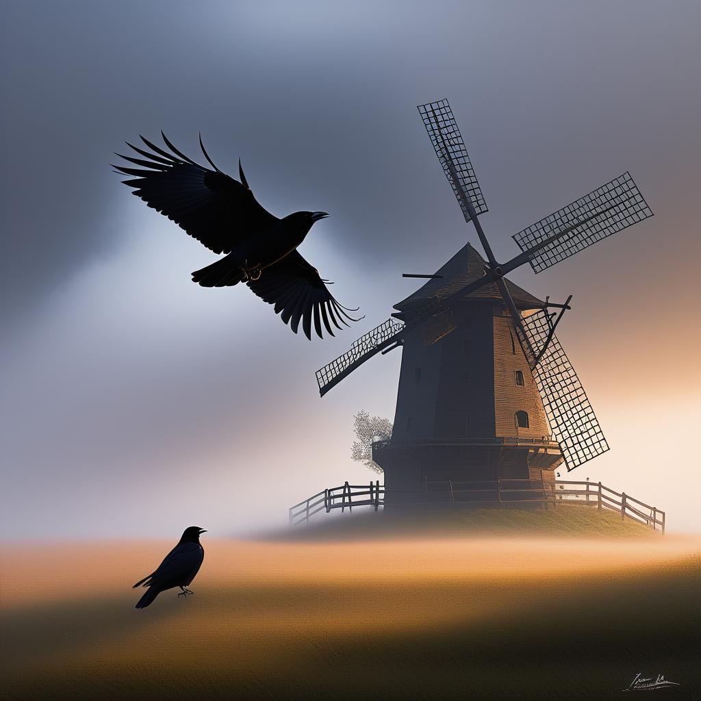  kai, the wandering monk, approached an ancient windmill shrouded in mist. as he neared, a murder of ravens erupted from the dilapidated structure, attacking with a flurry of caws and sharp talons. kai dove to the side, using the windmill’s broken walls for cover. with a burst of ki, he activated his "patient defense," becoming a blur of motion as he dodged and deflected the ravens' relentless strikes. he quickly realized he could use the windmill's sails to his advantage. with a powerful kick, he dislodged a section of the sail, sending it crashing down and scattering the ravens. as the birds retreated, kai focused his energy into a radiant burst of light, driving away the remaining attackers. with the immediate threat neutralized, he s