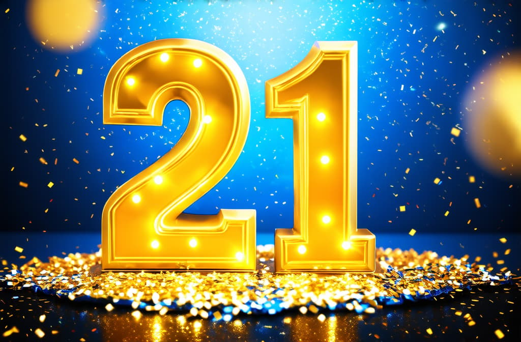  number 21 with golden bokeh lights and confetti, festive birthday celebration ar 3:2 {prompt}, maximum details