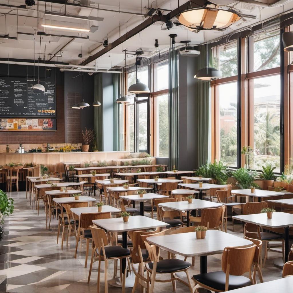  high school cafeteria layout that is cozy and not cold feeling, please warm and creative , mystical style