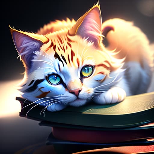  a painted cat lies on books, (logo:1.3), vector graphics, brand, design, inspired, (straight:1.3), (symmetrical:0.4) hyperrealistic, full body, detailed clothing, highly detailed, cinematic lighting, stunningly beautiful, intricate, sharp focus, f/1. 8, 85mm, (centered image composition), (professionally color graded), ((bright soft diffused light)), volumetric fog, trending on instagram, trending on tumblr, HDR 4K, 8K