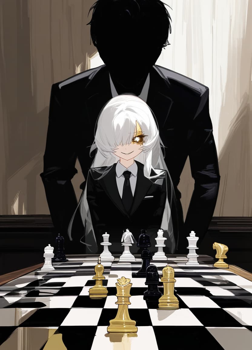  beutiful long white hair anime woman with shadows hiding face, sitting in front of a table with a chess set on it,an evil smile on her face and only 1 gold eye is visible, black suit and tie . best quality, high resolution