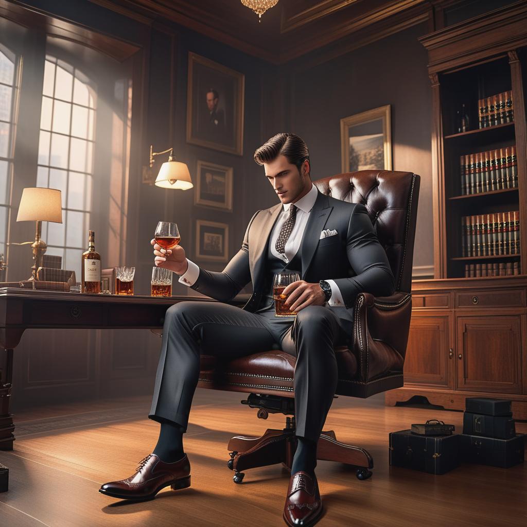  a drunk young handsome suited teacher who wears black sheer otc socks,fine suit,fine leather shoes,fine suit pants.he sits inside his office,drinking whiskey,clearly drunk,stroking his big cock, ((realistic)) hyperrealistic, full body, detailed clothing, highly detailed, cinematic lighting, stunningly beautiful, intricate, sharp focus, f/1. 8, 85mm, (centered image composition), (professionally color graded), ((bright soft diffused light)), volumetric fog, trending on instagram, trending on tumblr, HDR 4K, 8K